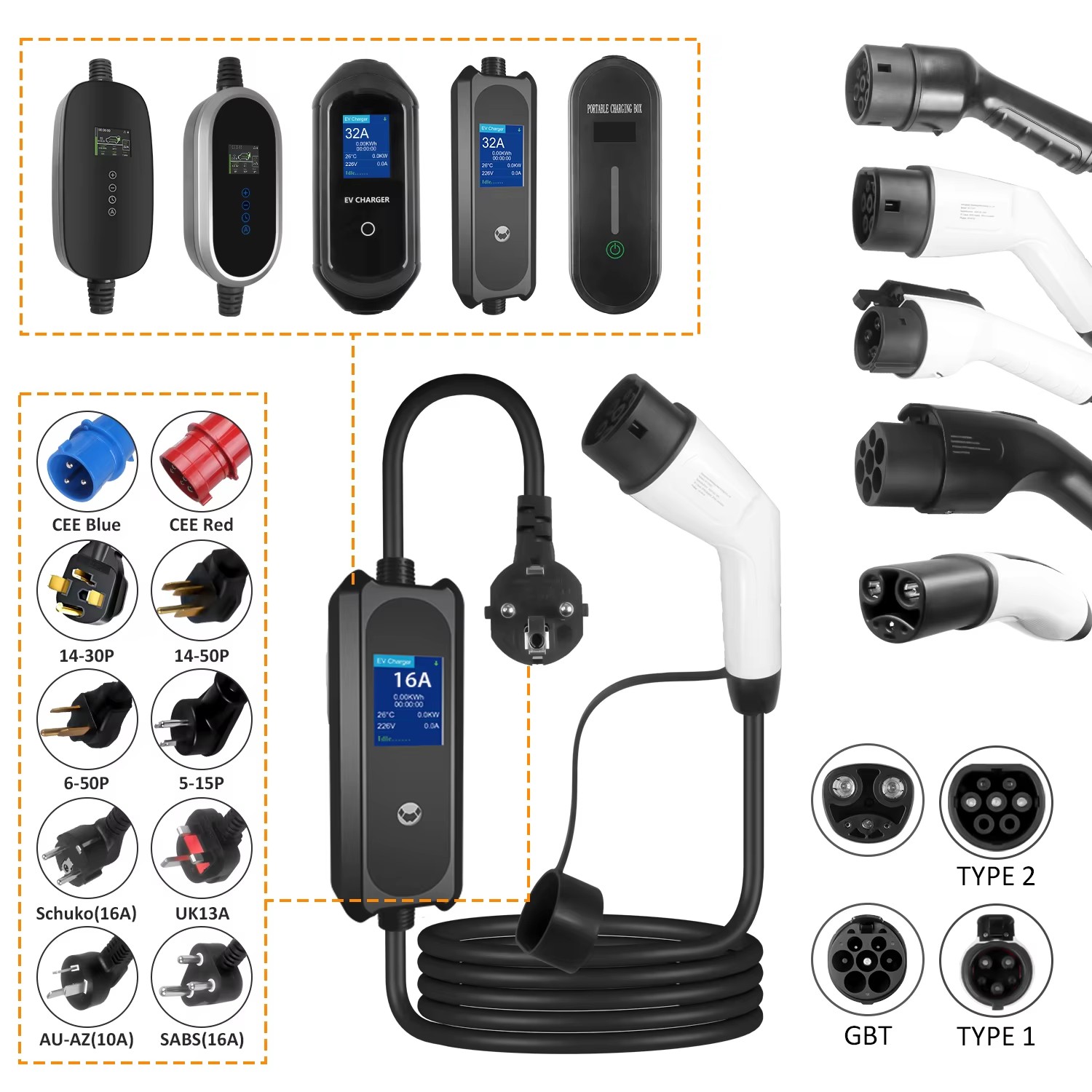 Portable electric charging gun with British plug, adjustable current